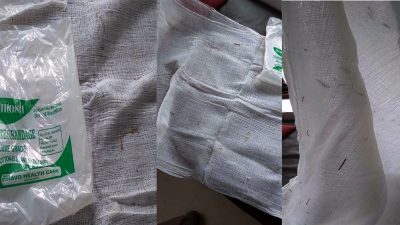 ब्यान्डेजको पोकाभित्र परालको टुक्रै टुक्रा